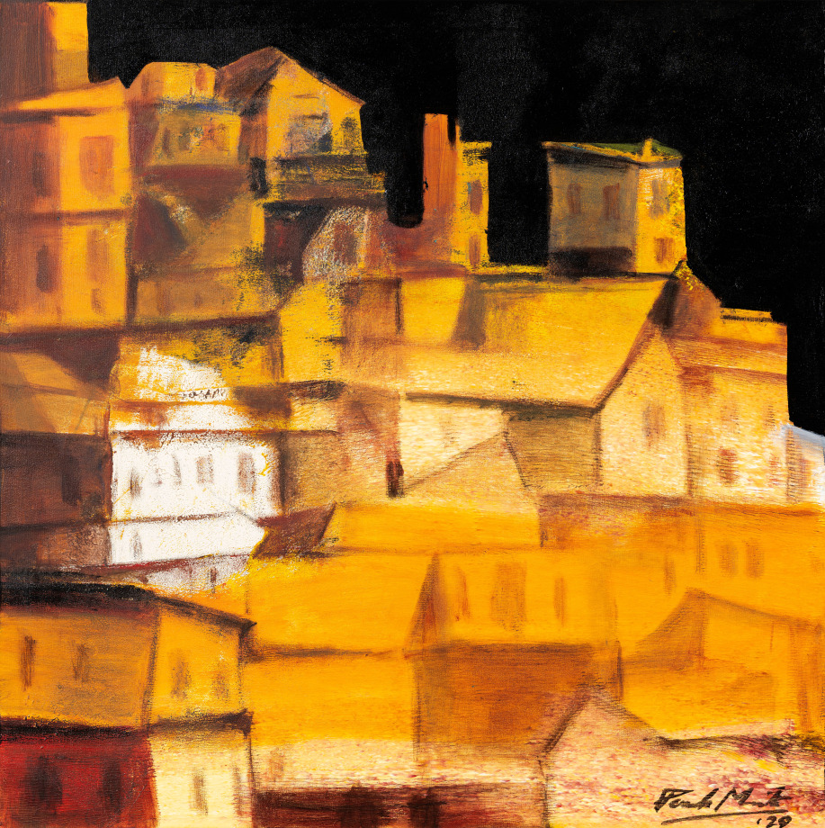 Abstract landscape painting in yellow, orange and black