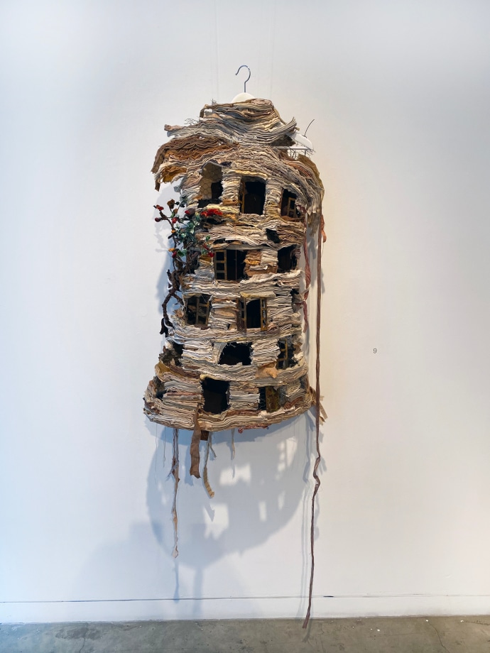 Ruby Chishti  Mother, Wake Me Up At 7:00, 2020  Recylcled fabric, thread, wood, paint, wire mesh  38h x 23w x 9d in