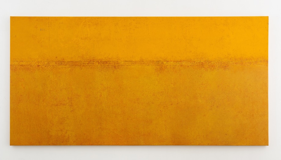 Abstract color filled painting in tones of yellow with the black horizontal line