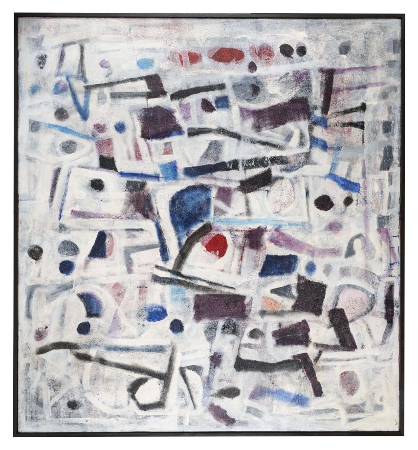 Abstract painting with red, blue, white and black