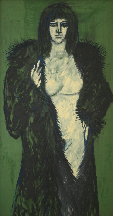 Nude woman standing draped in an fur coat