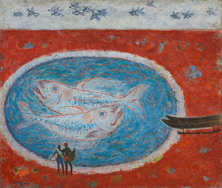 Folk style painting with a very large fish and two small figures