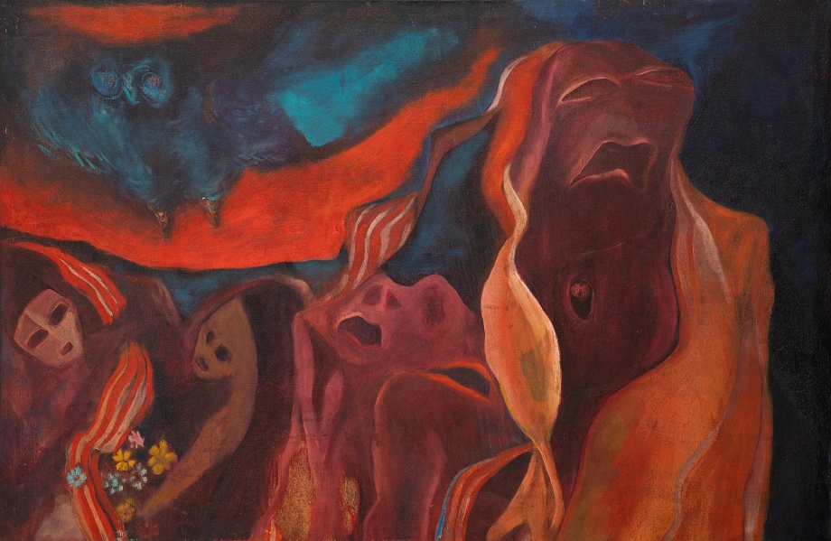Expressionistic figurative painting of multiple wavy figures and a swooping owl