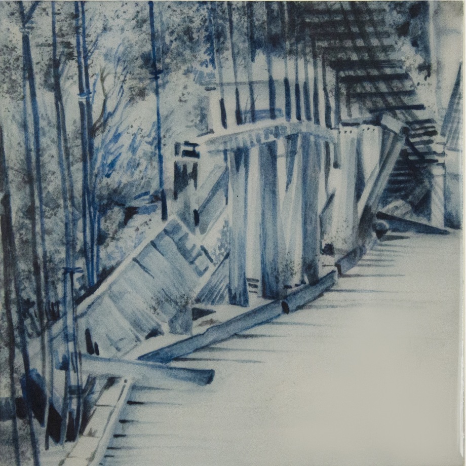 Saba Qizilbash,&nbsp;Kohala Bridge 2,&nbsp;2020,&nbsp;Soluble graphite and resin on paper mounted on wood, 6 x 6 in, &nbsp;