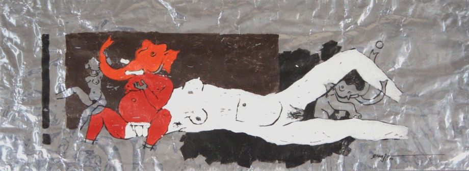 M. F. Husain,&nbsp;Frolicking Ganesh (Untitled Elephant and Woman),&nbsp;1974,&nbsp;Acrylic on foil, 19 x 53 in