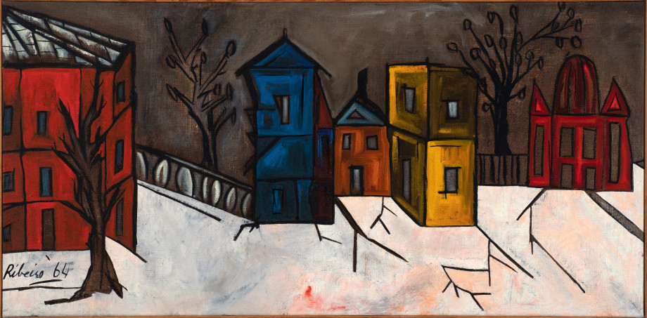 Lancelot Ribeiro,&nbsp;Landscape at Dusk, 1964, Oil and polyvinyl acetate on canvas, 22 ⅘ x 46 ⅞ in (57.9 x 119 cm), RIBLA036