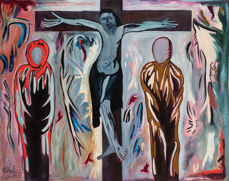 Lancelot Ribeiro,&nbsp;Untitled (Crucifixion), 1965, Oil and polyvinyl acetate on canvas, 53 &frac12; x 68 ⅛ in (136 x 173 cm), RIBLA050