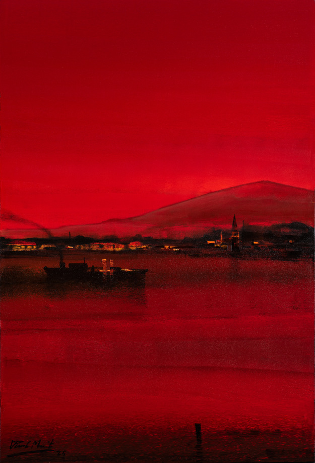 Painting of the river landscape in red and black tone of colors