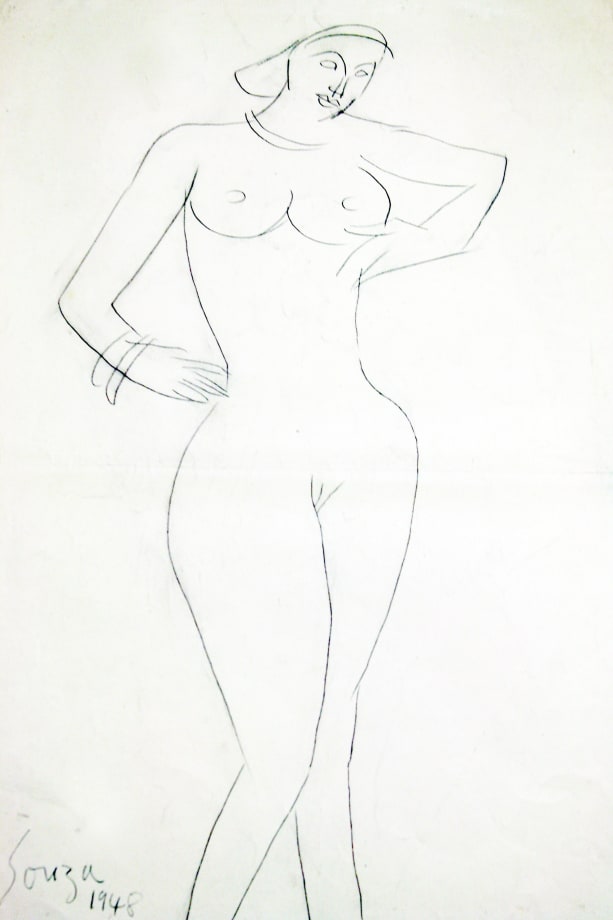 F.N. Souza, Untitled (Nude Holding Breast)