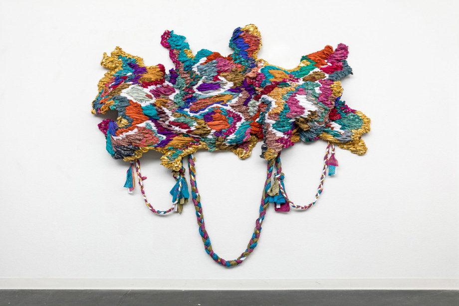 Suchitra Mattai,&nbsp;and the waves purged the fears, 2021,&nbsp;Vintage saris, wire, fabric, 78 x 108 x 10 in (19.1 x 274.3 x 25.4), MATSU007