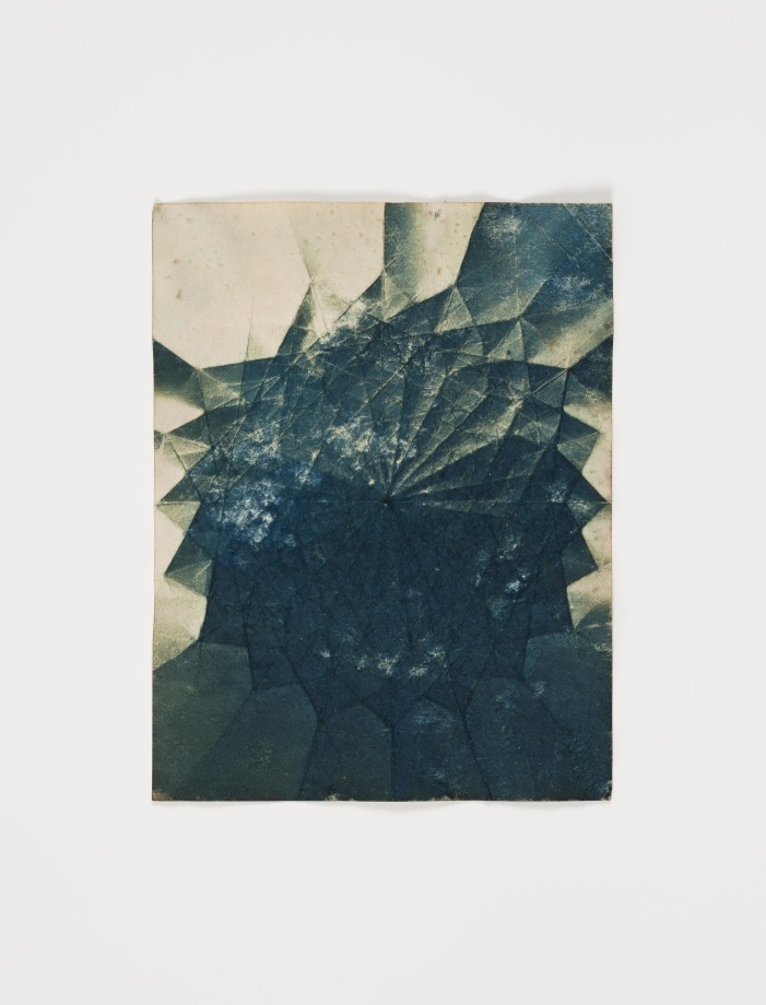 Abstract geometric shapes with cyanotype dyed with Ihaijan tea on folded paper