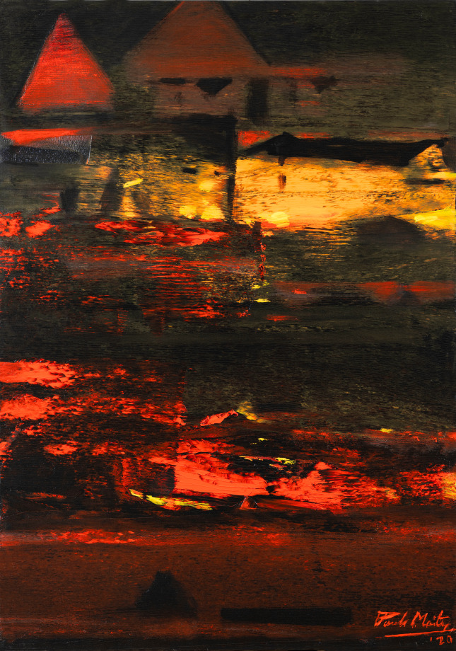 Abstract landscape painting in red, orange, yellow and black