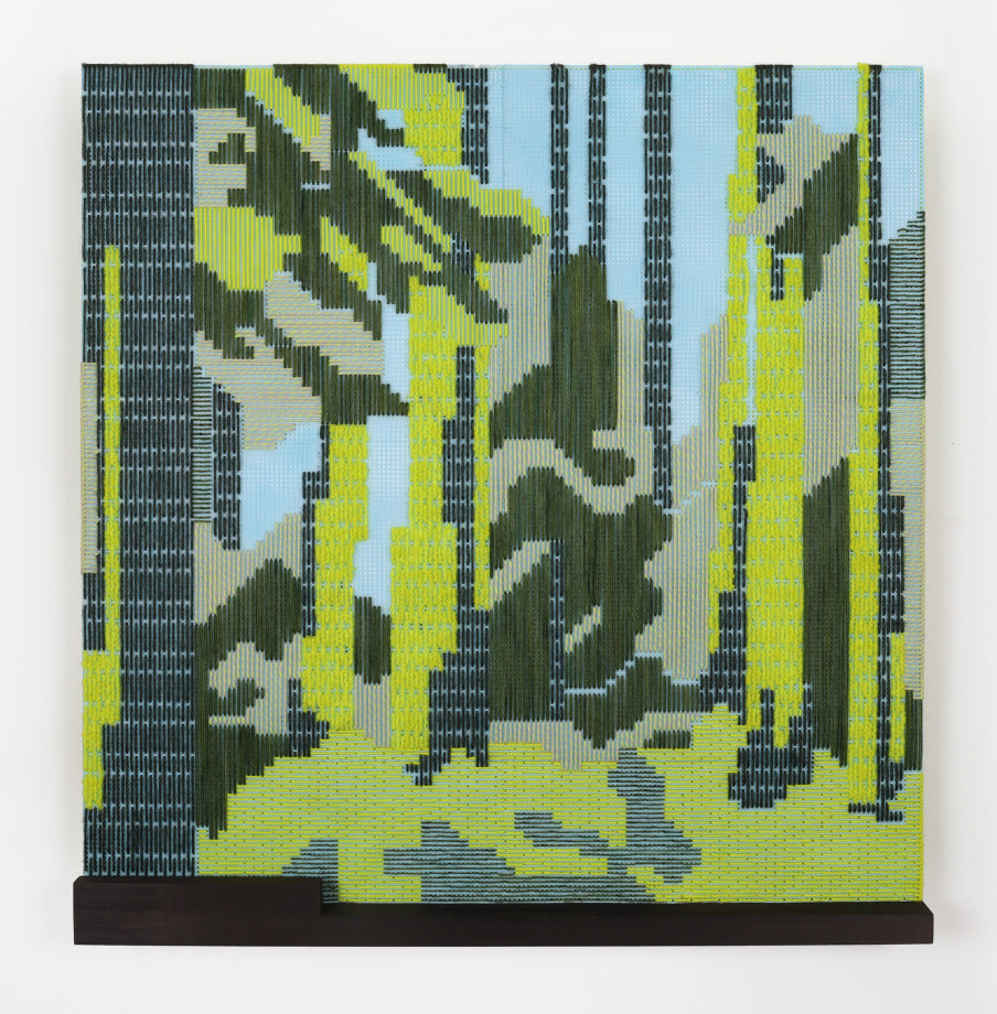 Azadeh Gholizadeh, Moss, 2023,&nbsp;Merino on canvas mesh, and alder wood, 30 x 27 in (76.2 x 68.6 cm), GHOAZ004