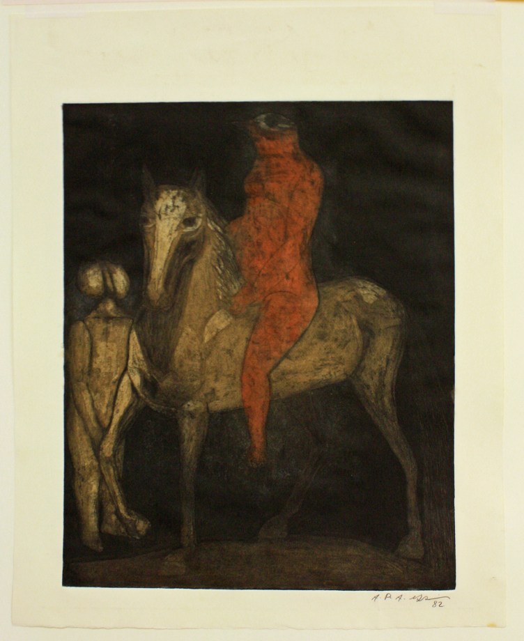 Ahmed Morsi, Untitled (Two Figures with Horse),&nbsp;1982,&nbsp;Etching on zinc plates &amp;amp; aquatint,&nbsp;19.5 x 16 in