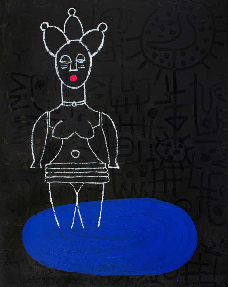 Outline of a women in a pool of blue water on a black background