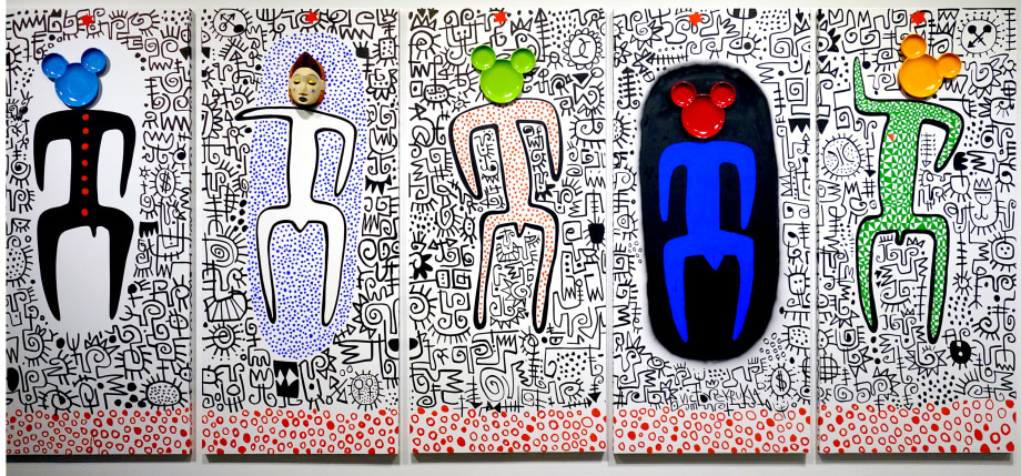 Victor Ekpuk, Mickey On Broadway,&nbsp;2014,&nbsp;Found objects on wood panels,&nbsp;5 panels: 84 x 36 in each