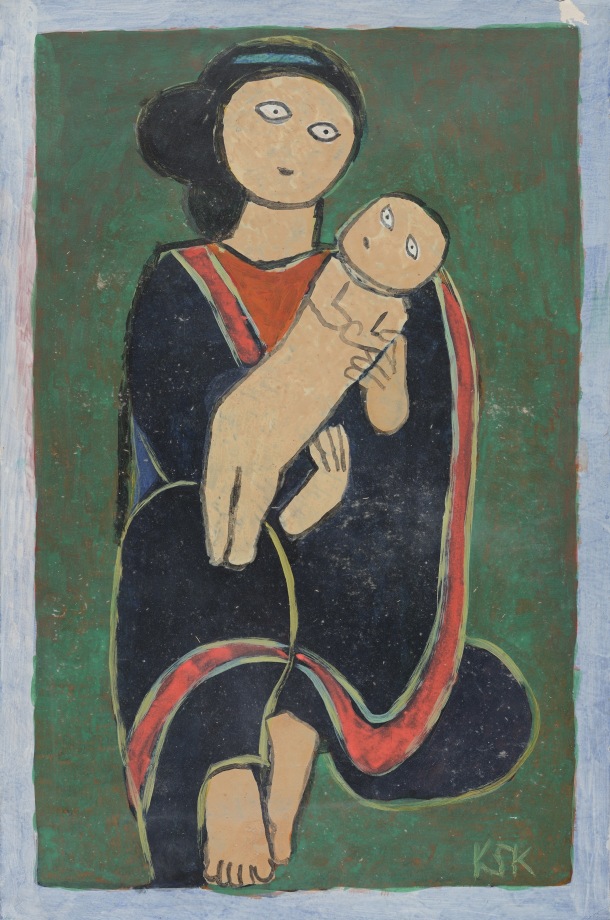 K.S. Kulkarni,&nbsp;Mother and Child, 1980, Acrylic on card, 31.50 x 21 in