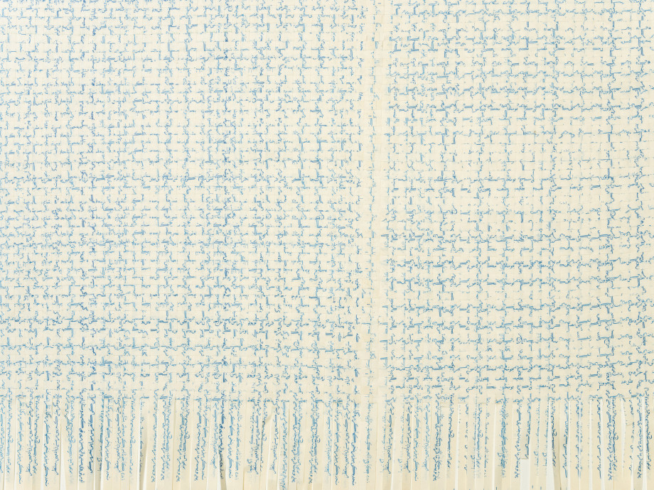 Ghulam Mohammad,&nbsp;Muqarrar (Repetition),&nbsp;2019,&nbsp;Paper woven carpet, 70 x 23 in (detail)
