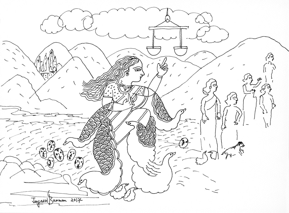 Jayasri Burman, From the Draupadi Series 6,&nbsp;2017,&nbsp;Pen and ink on paper,&nbsp;11 x 15.5 in