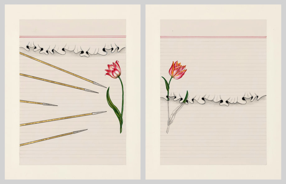 Diptych of a flower and spears on wasli paper