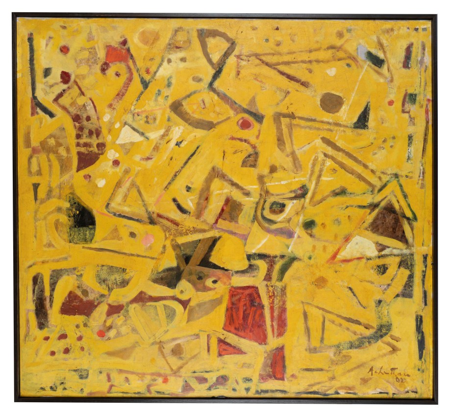 Abstract painting with yellow background and complimenting shapes and colours overtop.