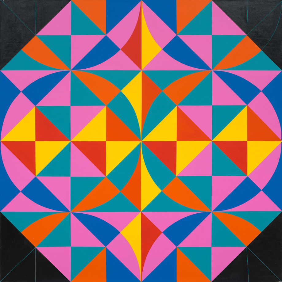 Bright geometric acrylic painting with black border