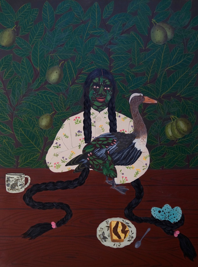 Portrait painting of the character Sanbras holding a duck-goose hybrid animal