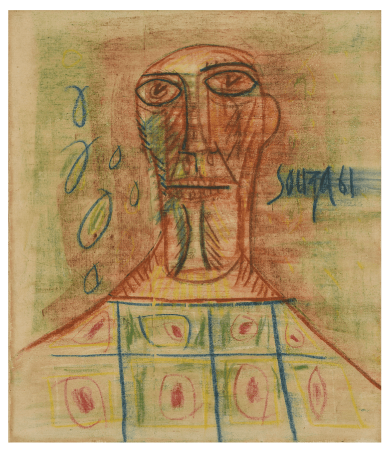 Abstract drawing of human figure in red, blue, green and yellow pastel colors