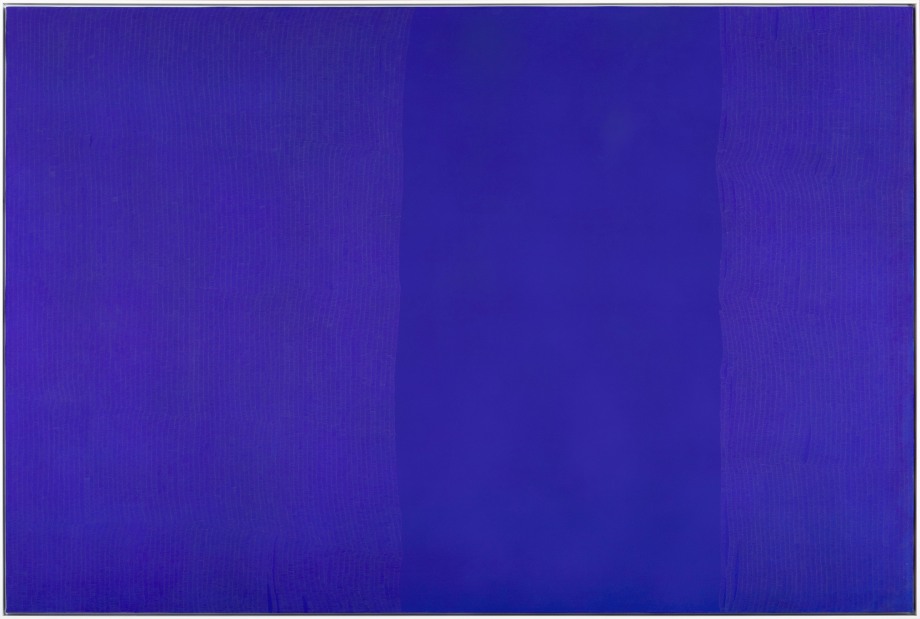 abstract painting of a blue field with white marks