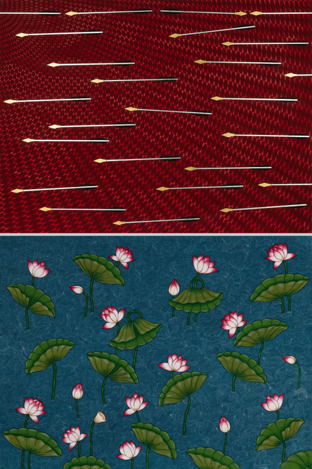 Diptych Top panel is red with spears, bottom panel is blue with lotus flowers