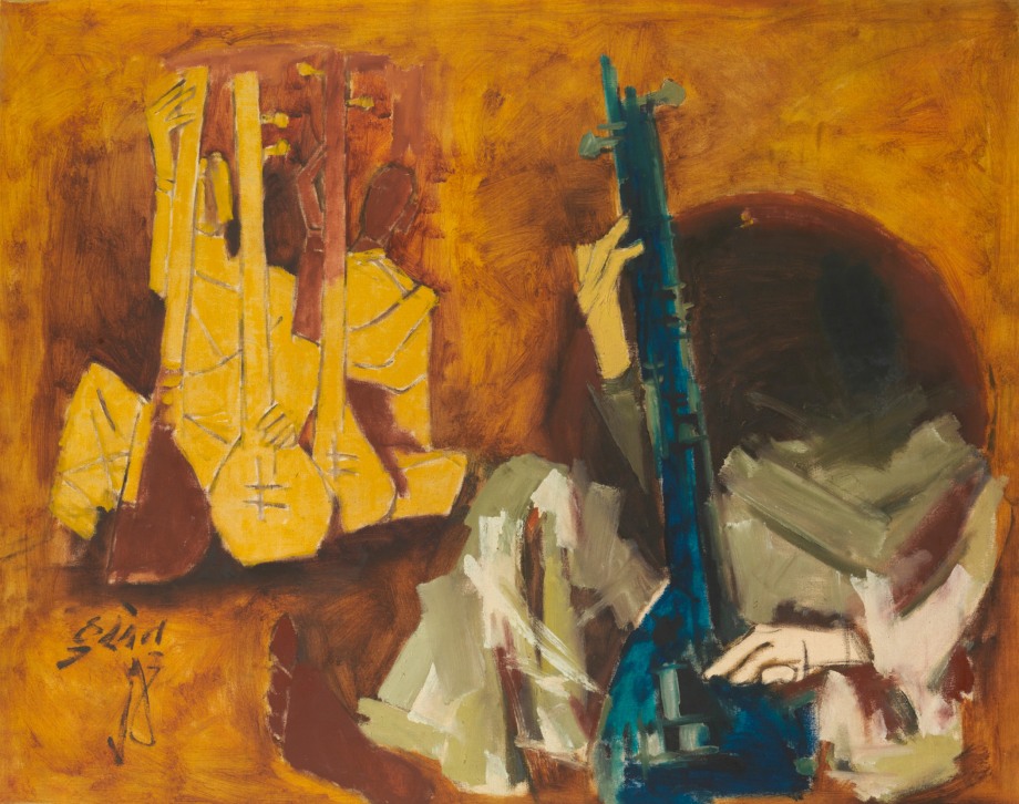 M. F. Husain,&nbsp;Untitled (Sitar Players), 1970, Oil on canvas, 40 x 50 in