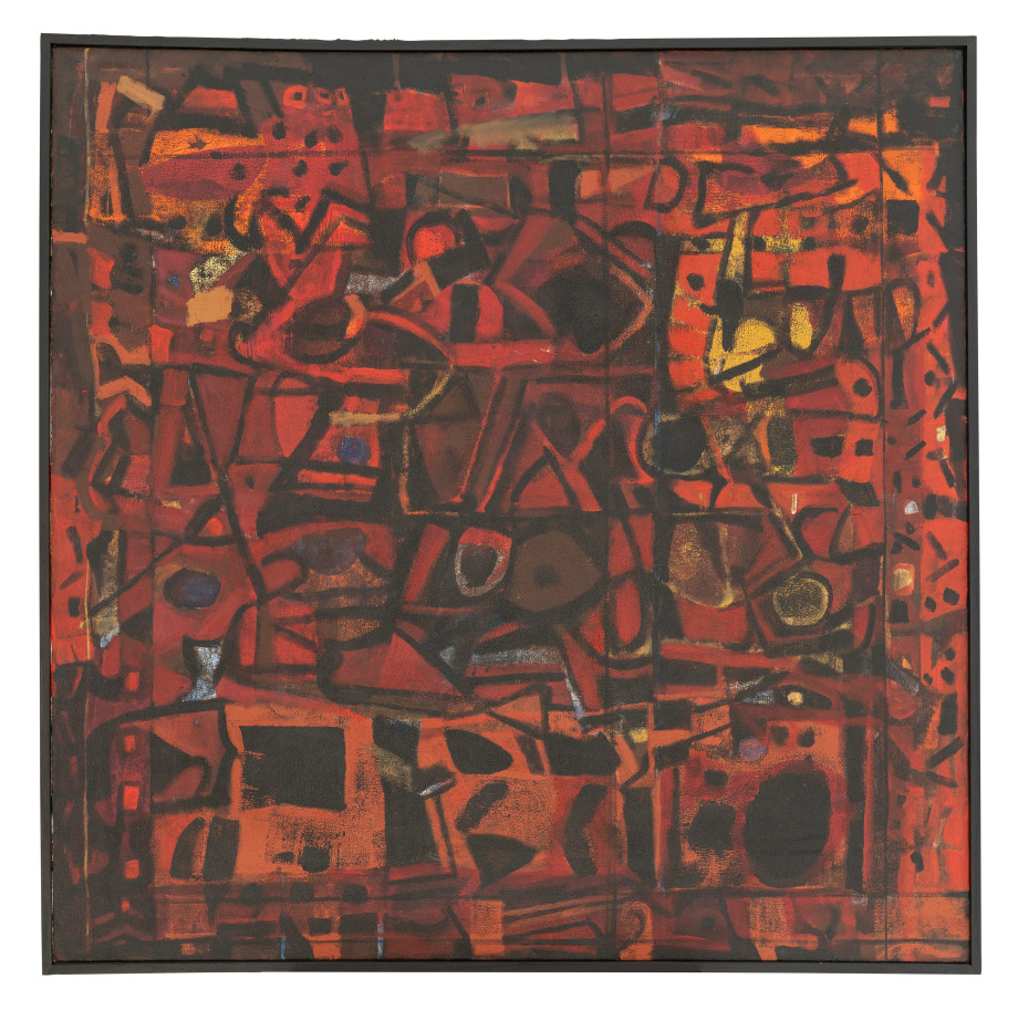 Abstract painting with multiple shapes in dark brown, yellow, blue and orange color