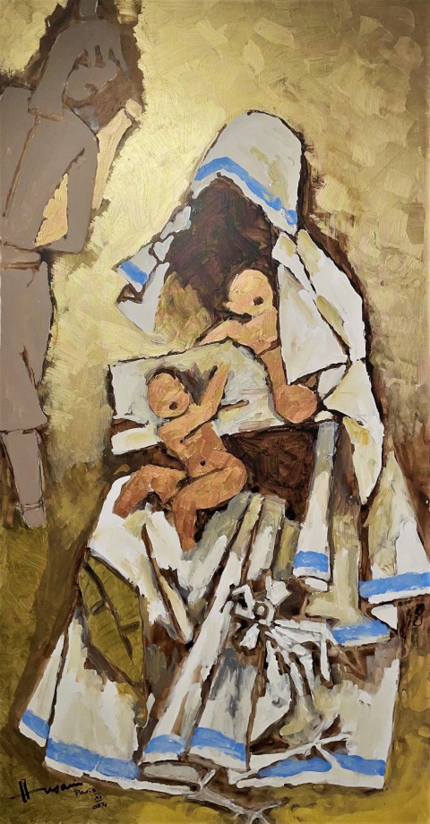 M. F. Husain,&nbsp;Mother Teresa Gold, 2004, Acrylic on canvas, 67.5 x 36 in
