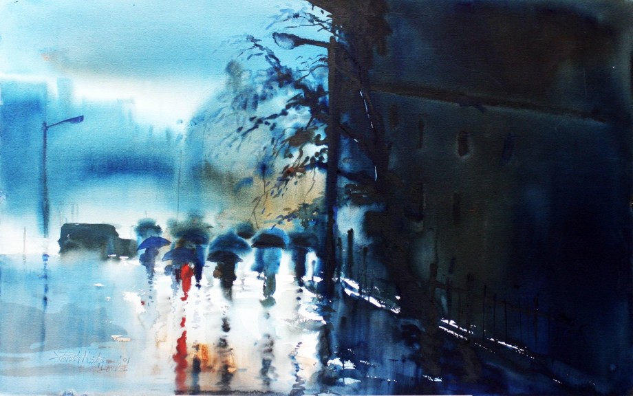 Paresh Maity, Rain in London, 2001, Watercolor on board, 32 x 52 in