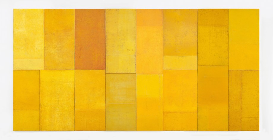 Abstract color filled painting in tones of yellow with the black horizontal and vertical grid lines