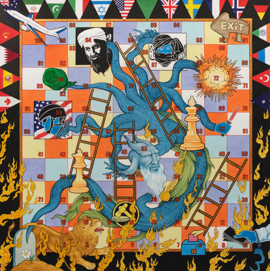 Painting questioning the US invasion of Afghanistan on a snakes and ladders board