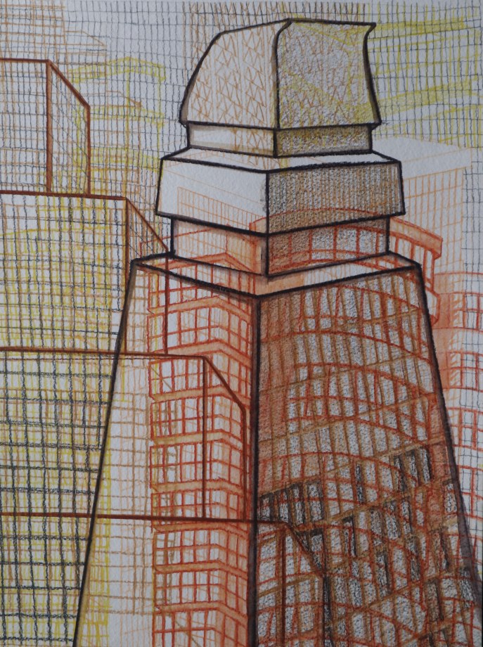 Pastel and watercolour drawing of city scape in shades of orange, red and yellow.