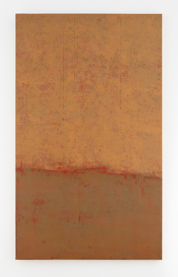 Abstract color filled painting in tones of brown and lighter brown color with the red color horizontal line