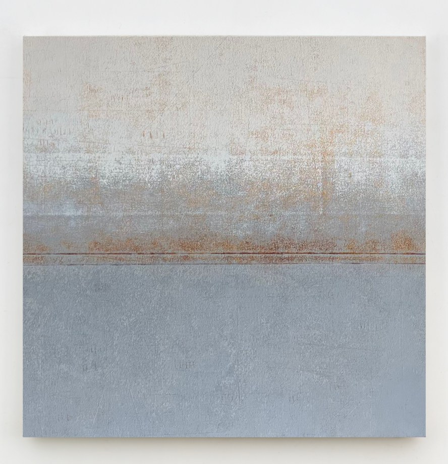 Grey and beige tone of the painting with brown color of washed horizontal line in the middle of the canvas