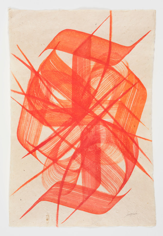 Orange colored of figurative swirl shapes with multiple strokes in the middle of the beige tone background