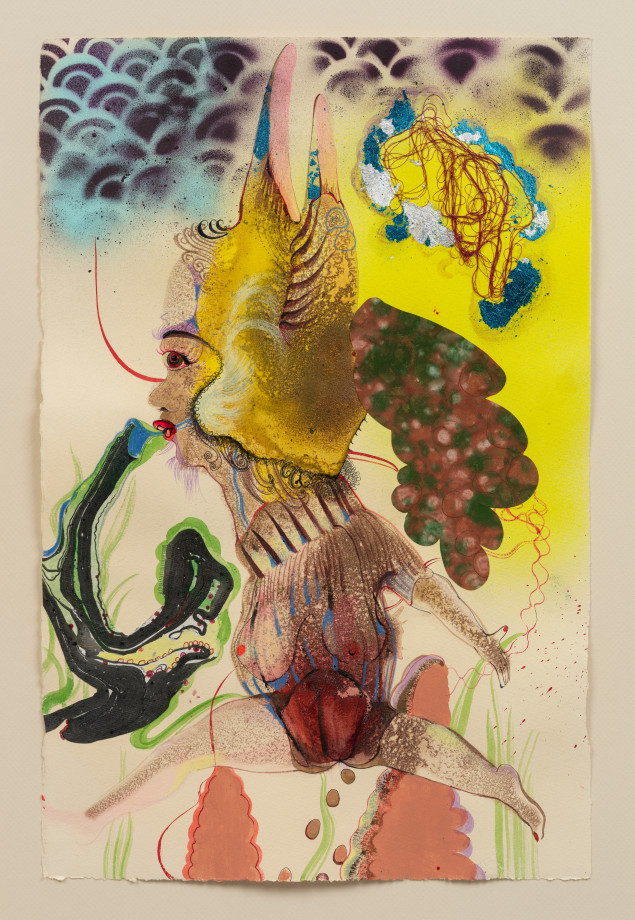 Rina Banerjee, When the bottom falls out and the weight of Earth against Us cannot center She will leap to drip drop all eggs black/brown and what not in heaps and dutiful slips leaps over flow. Make green grasses split. swing from hip to hip, catch fire of red twine. things tidy., 2022,&nbsp;Mixed media on paper,&nbsp;19.625 x 12.875 in (49.85 x 32.7 cm), &nbsp;