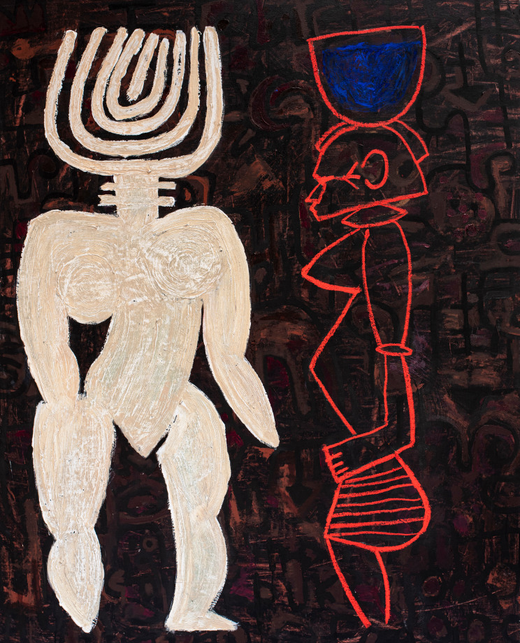 Acrylic painting of two figures based on ancestral African statues on dark background.