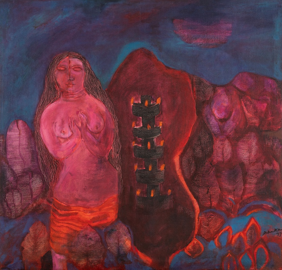 Expressionistic figurative painting in mauves and pinks