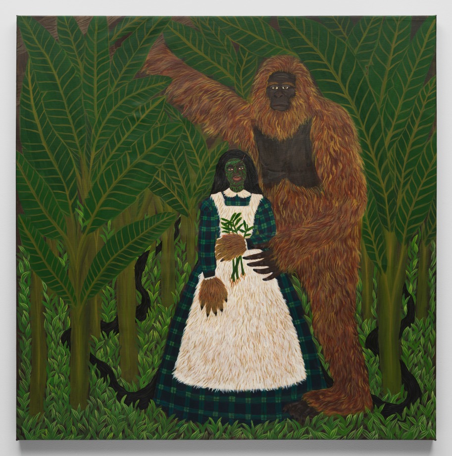 A woman and an orangutang standing in a wedding portrait style