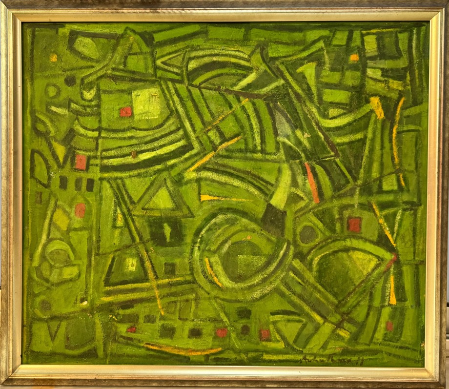 Green tone of the painting with abstract shapes in yellow, red, black and yellow with black strokes