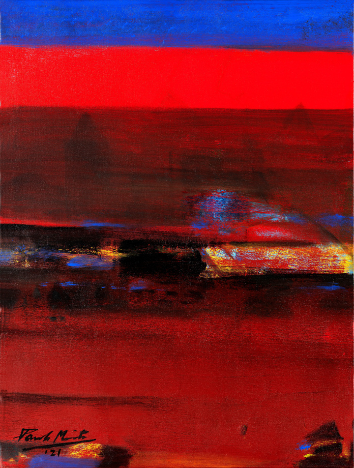 Abstract painting in red, blue, yellow and black