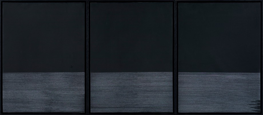 triptych of black paintings with white marks along the bottom