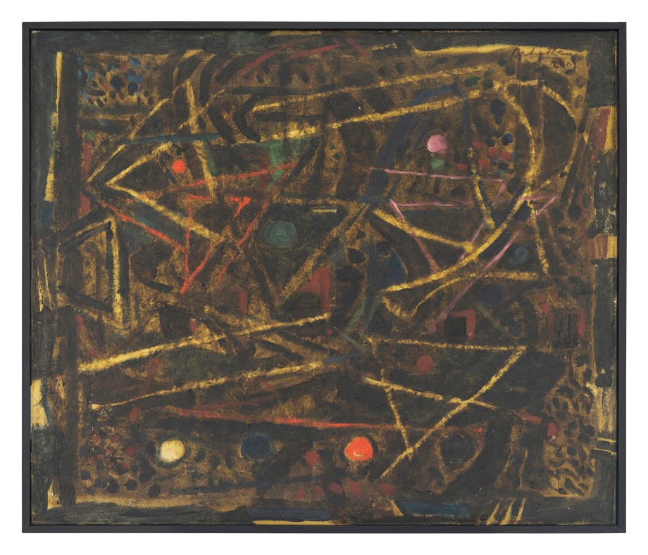 Abstract painting with tone of dark brown, yellow with yellow strokes and yellow, green orange pink color of small circular shapes