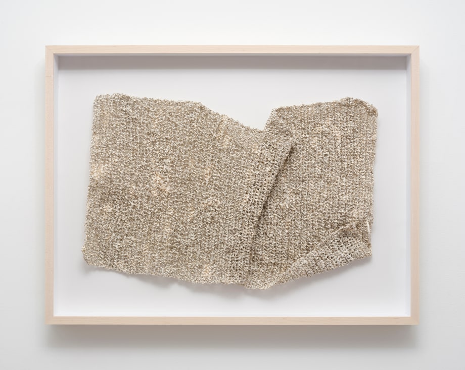 Youdhisthir Maharjan,&nbsp;No Women&#039;s Land, 2019,&nbsp;Crocheted strips of reclaimed book pages, 32.5 x 20 in