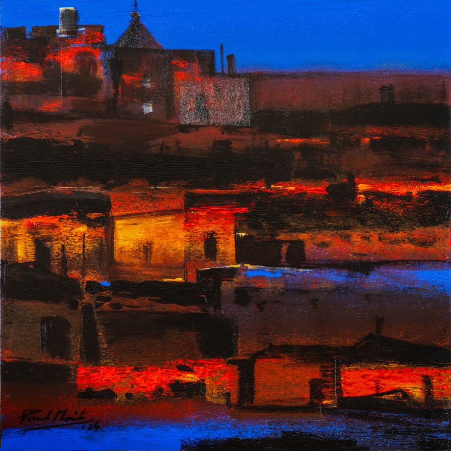 Abstract landscape painting in blue, red, orange and brown